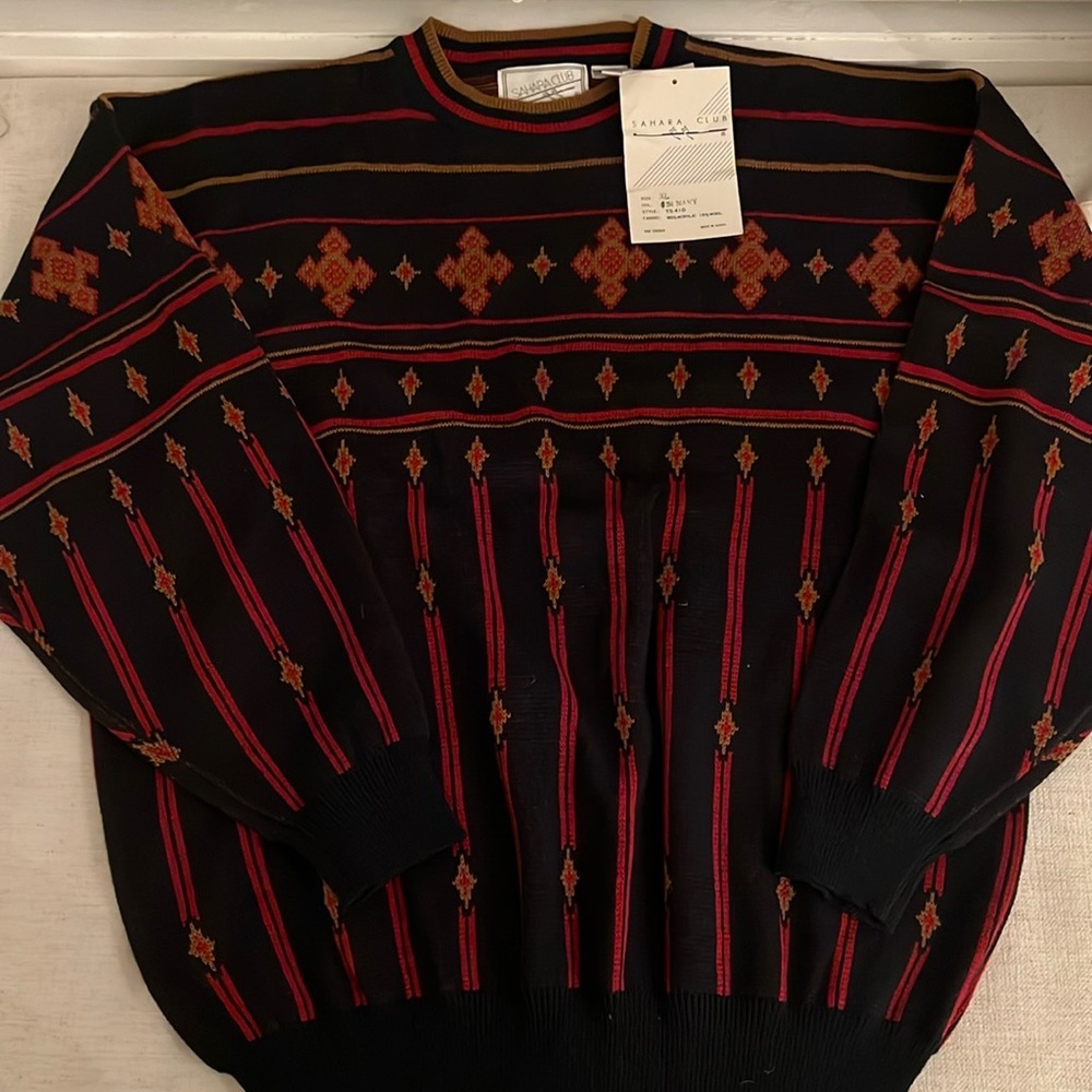 American vintage mens navy blue and red jumper sweater
